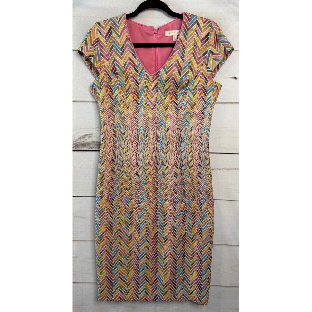 Etcetera Womens Multi Color Chevron Zigzag V-Neck Sheath Dress Size 6 Cap Sleeve